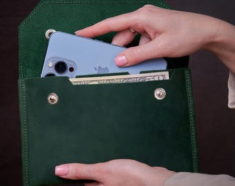Leather cash envelope wallet, Personalized cash wallet, Slim leather wallet women, Leather wallet clutch, Leather money holder, Phone wallet