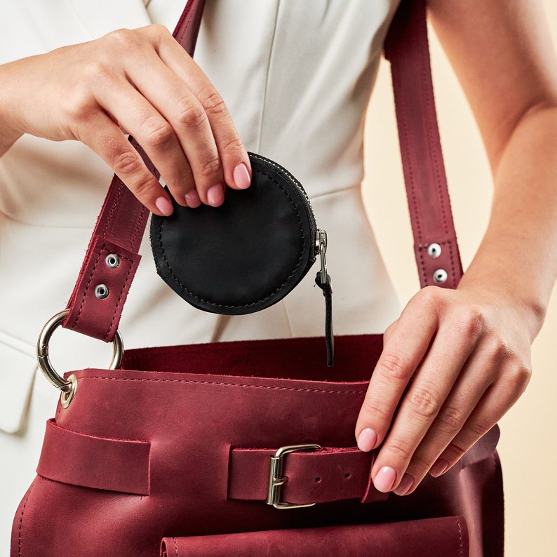 Personalized leather round coin purse, Handmade round coin wallet, Round genuine leather wallet, Round coin pouch leather image 9