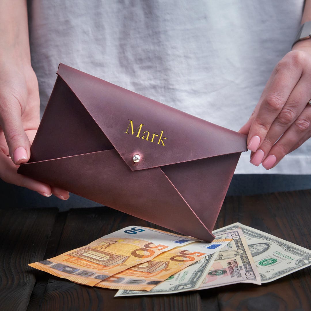 Personalized Leather Envelope Wallet, Leather Cash Envelope, Money ...