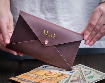 Personalized leather envelope wallet, Leather cash envelope, Money envelope wallet, Custom leather money holder, Womens envelope wallet