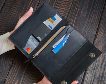 Personalized large leather wallet, Handmade leather long wallet, Large wallet women, Leather wallet with engraving, Custom womens wallet