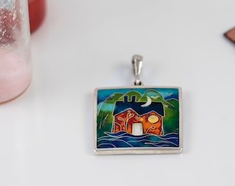 Enamel pendant with house, made form 925 sterling silver, Cloisonné enamel jewelry