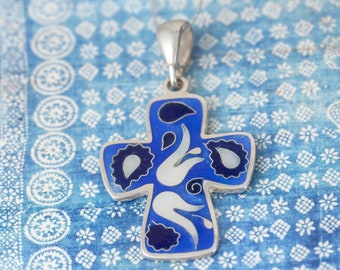 Cloisonne Enamel Cross Pendant, Sterling Silver jewelry, Cloisonné Enamel handmade.