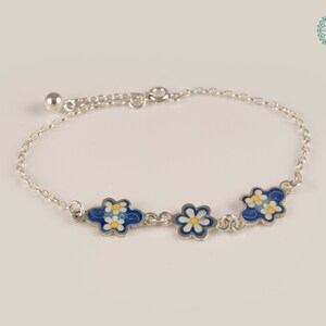 Daisy Blue Enamel Flower Silver Bracelet, Enamel Jewelry, 925 sterling Silver bracelet, free shipping. image 6
