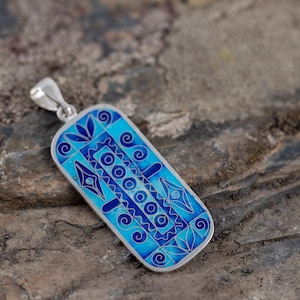 Enamel pendant with blue ornaments, cloisonné enamel,  Georgian Cloisonne enamel jewelry, Wearable Art Jewelry
