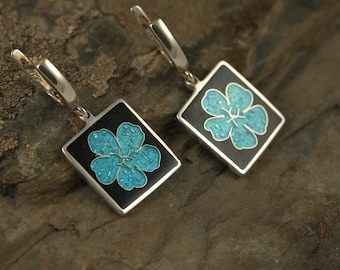 Handmade Silver Cloisonné Enamel Clover Earrings – Turquoise & Black Square Drop Earrings – Georgian Minankari Art