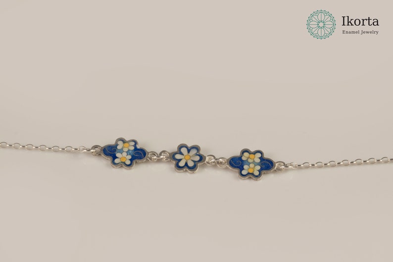 Daisy Blue Enamel Flower Silver Bracelet, Enamel Jewelry, 925 sterling Silver bracelet, free shipping. image 4