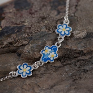 Daisy Blue Enamel Flower Silver Bracelet, Enamel Jewelry, 925 sterling Silver bracelet, free shipping. image 1