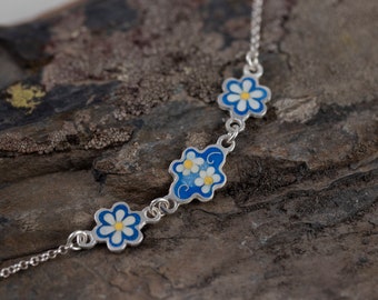 Daisy Blue Enamel Flower Bracelet: Sterling Silver Jewelry
