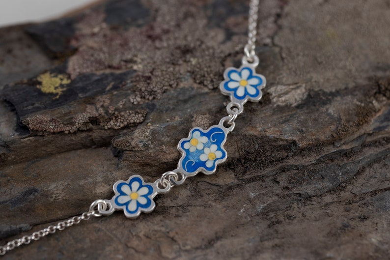 Daisy Blue Enamel Flower Silver Bracelet, Enamel Jewelry, 925 sterling Silver bracelet, free shipping. image 1