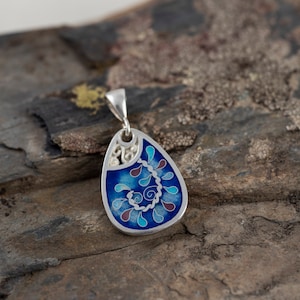 Blue Cloisonne Enamel Pendant, Wearable Art Jewelry, Georgian cloisonné enamel, sterling silver