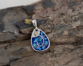 Blue Cloisonne Enamel Pendant, Wearable Art Jewelry, Georgian cloisonné enamel, sterling silver