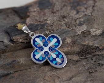 Cloisonné Cross Necklace, Georgian cloisonné enamel, Religious Jewelry