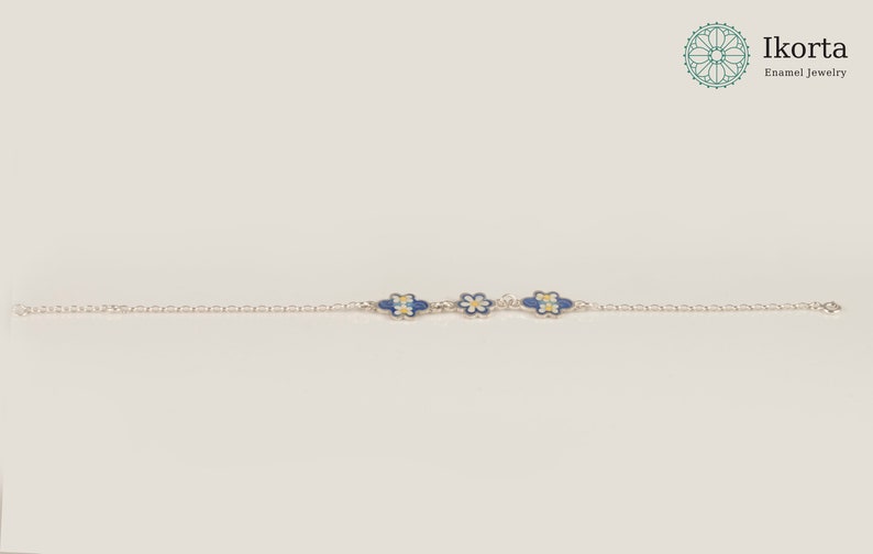 Daisy Blue Enamel Flower Silver Bracelet, Enamel Jewelry, 925 sterling Silver bracelet, free shipping. image 7