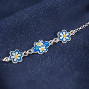 Daisy Blue Enamel Flower Silver Bracelet, Enamel Jewelry, 925 sterling Silver bracelet, free shipping. image 2