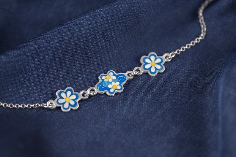 Daisy Blue Enamel Flower Silver Bracelet, Enamel Jewelry, 925 sterling Silver bracelet, free shipping. image 2