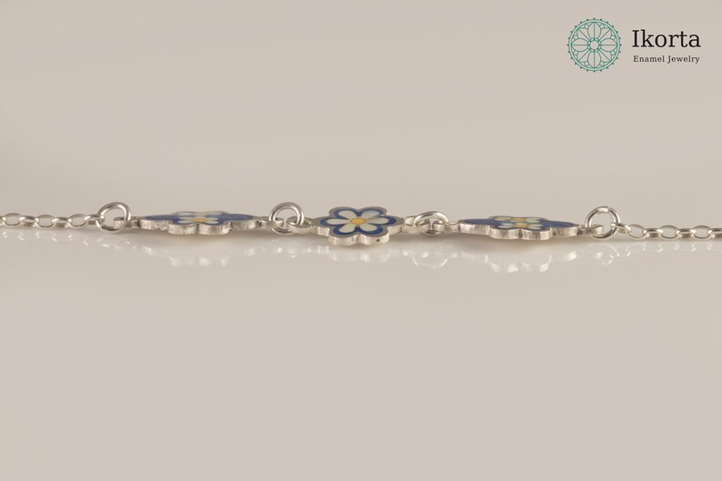 Daisy Blue Enamel Flower Silver Bracelet, Enamel Jewelry, 925 sterling Silver bracelet, free shipping. image 5