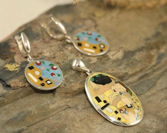 Handmade Sterling Silver Enamel Jewelry Set – Klimt 'The Kiss' Art