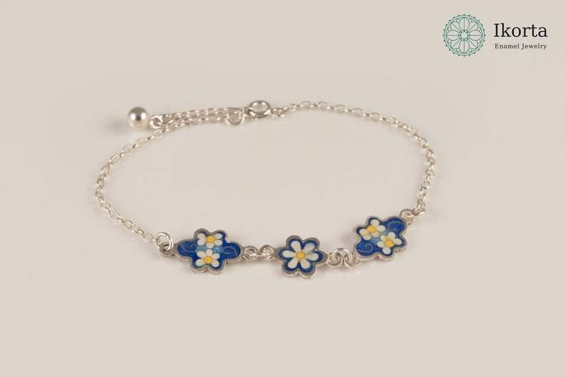 Daisy Blue Enamel Flower Silver Bracelet, Enamel Jewelry, 925 sterling Silver bracelet, free shipping. image 6