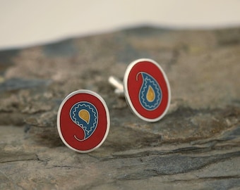 Sterling Silver Cloisonné Cufflinks – Red Paisley Enamel, Georgian Art