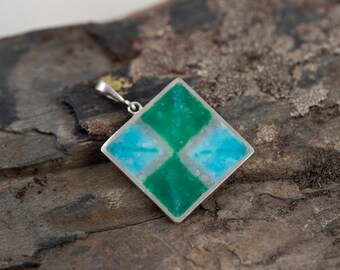 Cloisonné enamel pendant with amazonite colors, sterling silver, Wearable Art Jewelry, Gift for her