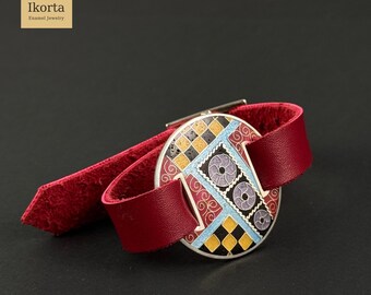 Handmade Leather Wrap Bracelet with Cloisonné Enamel Centerpiece – Geometric Sterling Silver Jewelry