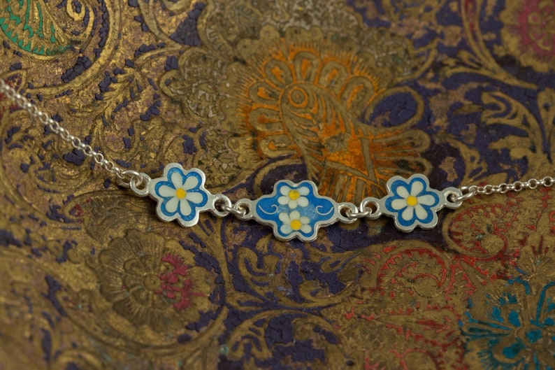 Daisy Blue Enamel Flower Silver Bracelet, Enamel Jewelry, 925 sterling Silver bracelet, free shipping. image 3