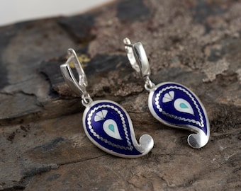 Sterling Silver Cloisonne Enamel Earrings: Blue Paisley Jewelry