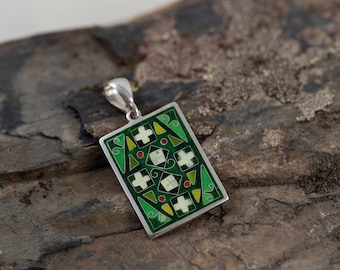 Sterling Silver Cloisonné Enamel Pendant: Green Ornament Wearable Art