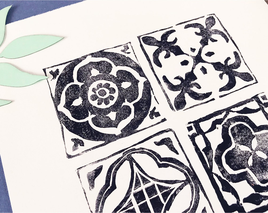 Patterned Tiles Lino Print Distressed Handmade Block Cut Fine Etsy UK