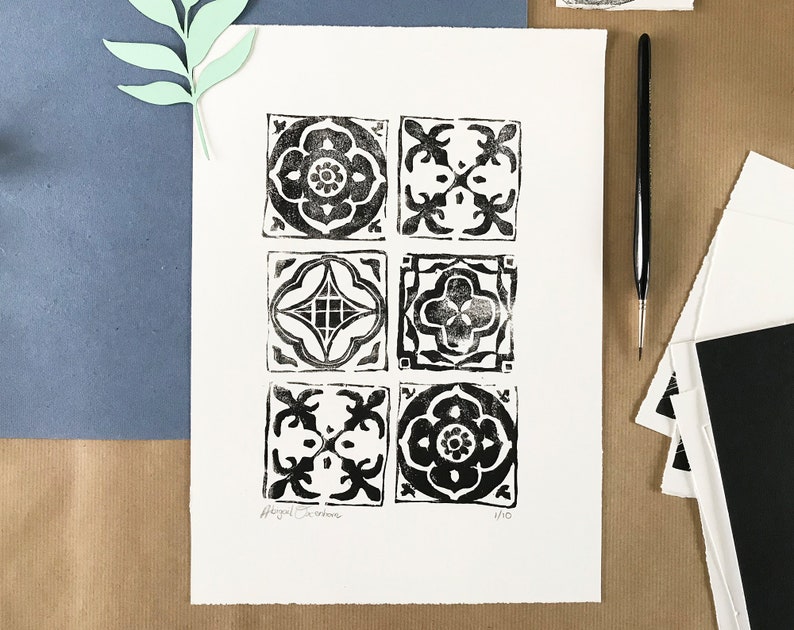 Patterned Tiles Lino Print Distressed Handmade Block Cut Fine Etsy UK