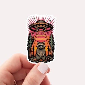 UFO Raccoon Abduction Sticker, Funny Vintage Retro Graphic Alien Sticker, Paranormal Aesthetic UFO Sticker, Funny Gifts, Graphic Sticker