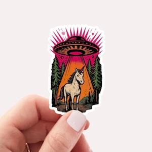 UFO Unicorn Abduction Sticker, Funny Vintage Retro Graphic Alien Sticker, Paranormal Aesthetic UFO Sticker, Funny Gifts, Graphic Sticker