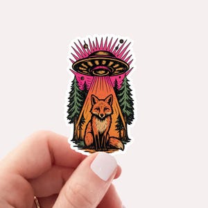 UFO Fox Abduction Sticker, Funny Vintage Retro Graphic Alien Sticker, Paranormal Aesthetic UFO Sticker, Funny Gifts, Graphic Sticker