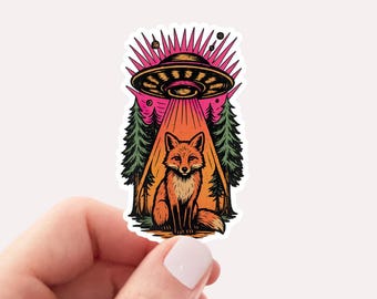 UFO Fox Abduction Sticker, Funny Vintage Retro Graphic Alien Sticker, Paranormal Aesthetic UFO Sticker, Funny Gifts, Graphic Sticker