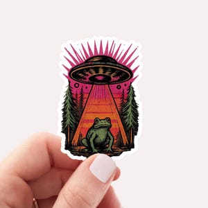 UFO Frog Abduction Sticker, Funny Vintage Retro Graphic Alien Sticker, Paranormal Aesthetic UFO Sticker, Funny Gifts, Graphic Sticker