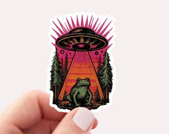 UFO Frog Abduction Sticker, Funny Vintage Retro Graphic Alien Sticker, Paranormal Aesthetic UFO Sticker, Funny Gifts, Graphic Sticker