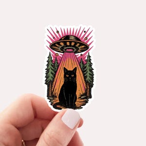 UFO Cat Abduction Sticker, Funny Vintage Retro Graphic Alien Sticker, Paranormal Aesthetic UFO Sticker, Funny Gifts, Graphic Sticker