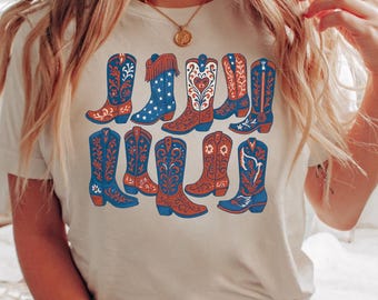4th Of July Shirt, Cowgirl Boots T-shirt, America Shirt, Retro Western Shirt, Fourth of July Shirt, Country Concert Tee, Western Graphic Tee
