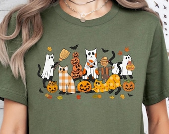 Koszulka z kotami na Halloween, słodka koszulka z kotem i duchem na Halloween, koszulka dla miłośników kotów na Halloween, koszulka jesienna, koszulka na straszny sezon, prezent na Halloween