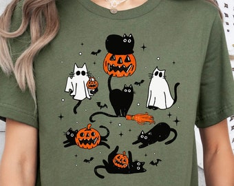 Koszulka z kotami na Halloween, słodka koszulka z kotem na Halloween, damska koszulka na Halloween, słodka koszulka jesienna, koszulka na straszny sezon, prezent na Halloween