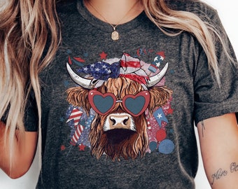 Camiseta del 4 de julio, camiseta de vaca de las tierras altas del 4 de julio, camiseta de Estados Unidos, camiseta patriótica, camiseta del Día de la Independencia, camiseta de amantes de las vacas del 4 de julio