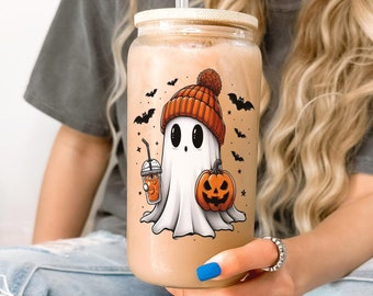 Personalized Halloween Ghost Glass Tumbler, Cute Ghost Coffee Cup, Cute Fall Tumbler, Spooky Season Iced Coffee Glass, Gift For Halloween