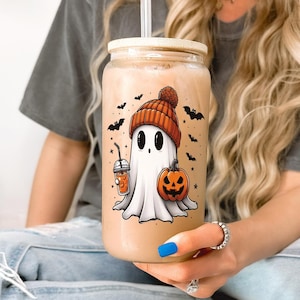Personalized Halloween Ghost Glass Tumbler, Cute Ghost Coffee Cup, Cute Fall Tumbler, Spooky Season Iced Coffee Glass, Gift For Halloween