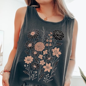 Débardeur vintage à fleurs pressées Comfort Colors® Joli débardeur floral botanique Boho Cottagecore débardeur fleurs sauvages cadeau