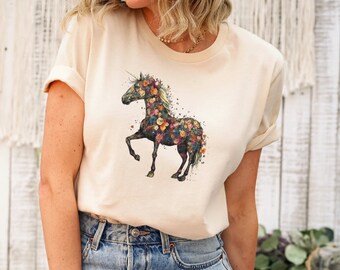 Camiseta de unicornio floral, camiseta mágica, camiseta con estampado de unicornio, camiseta para amantes de los unicornios, camiseta para mamá unicornio, regalo de cumpleaños de unicornio, camiseta de unicornio arcoíris