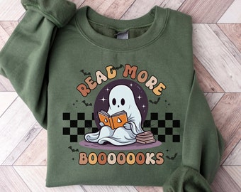 Sudadera para leer más libros, sudadera de Halloween para amantes de los libros, suéter de bibliotecario, suéter de estudiante de Halloween, fantasma de libro de Halloween, fantasma de lectura de libros