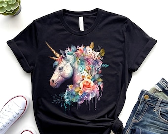 Camiseta de unicornio floral, camiseta mágica, camiseta con estampado de unicornio, camiseta para amantes de los unicornios, camiseta para mamá unicornio, regalo de cumpleaños de unicornio, camiseta de unicornio arcoíris