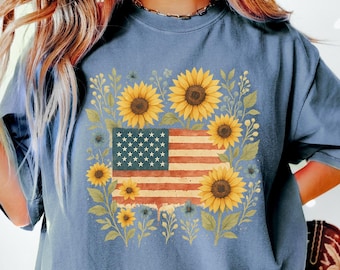 Koszulka z amerykańską flagą w kwiaty, wygodna koszulka z okazji 4 lipca, damska koszulka z okazji 4 lipca, koszulka z USA, uroczy T-shirt z motywem Ameryki, koszulka z okazji 4 lipca