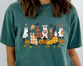Koszulka z kotami i duchami na Halloween, wygodna w kolorach, słodka koszulka z kotem, koszulka dla miłośników kotów na Halloween, koszulka jesienna, koszulka na straszny sezon, prezent na Halloween
